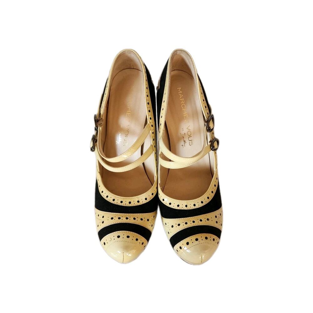 Marchez Vous Italian Spectator Pumps Sz 9 Black/Yellow 5" Heels Mary Jane Retro - Picture 2 of 14